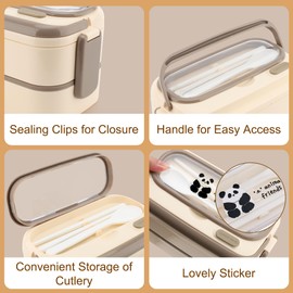 MEKOTRIN Lunch Box, Stackable 2 Layer Box for Men Women, 47.3oz/1400ml Reusable Leak-Proof Lunch Containers with Spoon Chopsticks and Thermal Bag for Adult Party Car Office