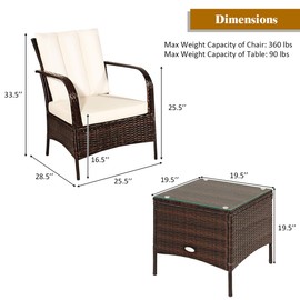 COSTWAY 3 Pieces Patio Rattan Furniture Set, Outdoor Conversation Chair Set with Coffee Table & 2 Cushions for Backyard, Porch, Poolside, Lawn, Garden, White