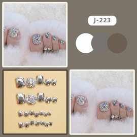 Glitter Silver False Toenails Sets, Press on Toenails Coffin with Rhinestone Designs, Full Cover Artificial Acrylic Fake Nails for Toe, Glue on Toenails with Charm, Stick on Toe Nails for Women