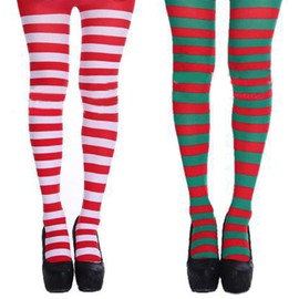 JNAWA 2 Pairs Christmas Striped Tights Full Footed Colored Striped High Waist Pantyhose for Women and Girl Christmas Party Costume Dress Up