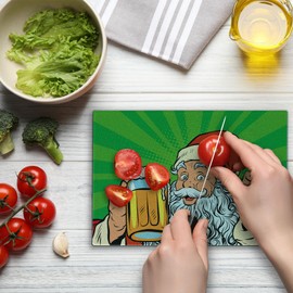 Lunarable Man Cave Cutting Board, Santa Claus with Beer Pop Art Retro Comic Book Style Holidays New Year Xmas Time, Decorative Tempered Glass Cutting and Serving Board, Small Size, Multicolor