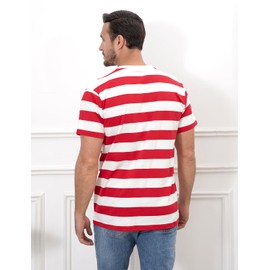 COSAVOROCK Men's Wide Striped Cotton Short Sleeve T-Shirts Crew Neck Basic Casual Top, Red & White