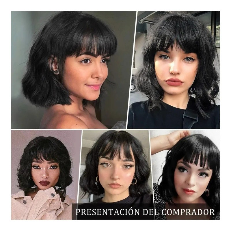 Peluca Mujer Corta Ondulada Negra Aspecto Natural Uso Diario