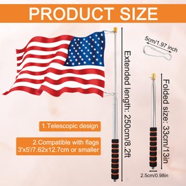 2pcs 8.2ft Telescopic Handheld Flagpoles with Clips, Stainless Steel Extendable Tour Guide Flag Pole Portable Pointer Stick for Teacher (Orange)