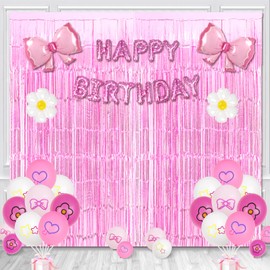 Pink Bow Birthday Decorations Cartoon Cat Party Decor with Pink Tinsel Foil Fringe Curtains Banners Cartoon Cat Balloons Decorations Cute Cat Theme Party Supplies Cute for Girls Baby Shower Birthday