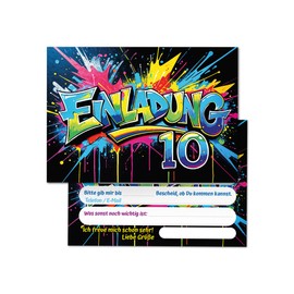 12 Invitation Cards with 12 Envelopes for 10th Children's Birthday Graffiti Boys Girls Children Cool Colourful Invitations Tenth Birthday Invitations Kids