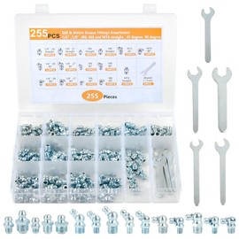 BUYGOO 255Pcs Grease Fittings Kit, SAE & Metric Grease Zerk Fittings 1/4" 1/8" M6 M8 M10 Straight 45 90 Degree with Wrench Kit(7-11mm) for Grease Gun,Fit Tractor Vehicle Excavator Trailer Equipment