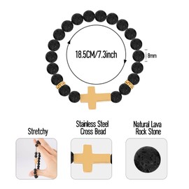 MILAKOO Unisex 8mm Lava Rock Beads Bracelet for Men Gold Stainless Steel Cross Anxiety Wrist Wrap
