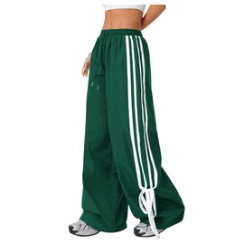 BEAUDRM Women's Y2K Baggy Bow Wide Leg Pants Striped Track Elastic Waist Long Sweatpants Parachute Pants Dark Green Medium