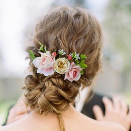 Fangsen Pink Rose Gardenia Flower Hair Comb Bridal Headpiece Floral Hair Accessories for Brides and Bridesmaids