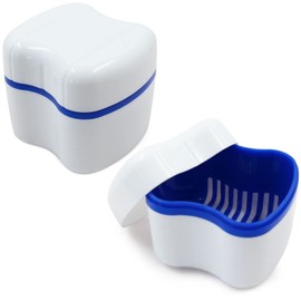Denture Box Third Teeth Storage Box, Pack of 2 Prosthesis Teeth Box Made of PE Plastic, Orthodontic Cups with Hanging Filter Basket, Double Layer Dentures Box (White/Blue)
