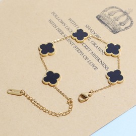 Youzealou Four Leaf Clover Bracelet for Women White Black Green Red Lucky Link Clover Bracelets,18K Gold Plated Jewelry Christmas Valentine's Day Gifts (Black)