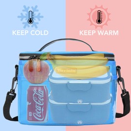 Insulated Lunch Box for Women Men, Leakproof Thermal Reusable Lunch Bag with 4 Pockets for Adult & Kids, Lunch Bag Cooler Tote for Office Work by Tirrinia, Blue Checkered