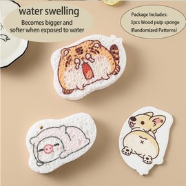 Godely Natural Absorbent Wood Pulp Cotton Sponge, Compressed sponges, for Kitchen Scrubbing Pots and Pans, Cleaning Countertops Various Cute Shapes (3 Pcs)