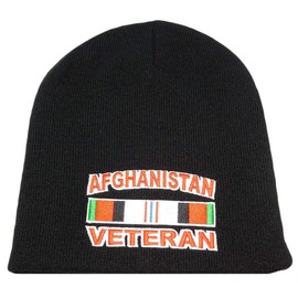 Afghanistan Veteran Ribbon Embroidered on 8" Black Knit Beanie Skull Cap