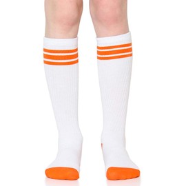 juDanzy 2 Pack of Baby, Toddler and Kids Knee High Tube Socks for Boys and Girls with Grips (4-6 Years, White with Orange & Turquoise Stripes