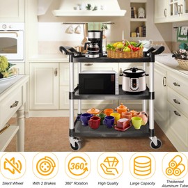 RAYFARMO Utility Carts with Wheels, Large Size 3 Tier Rolling Cart with Lockable Wheels, Heavy Duty 600lbs Capacity Food Service Cart for Restaurant, Kitchen, Home, Warehouse, Office