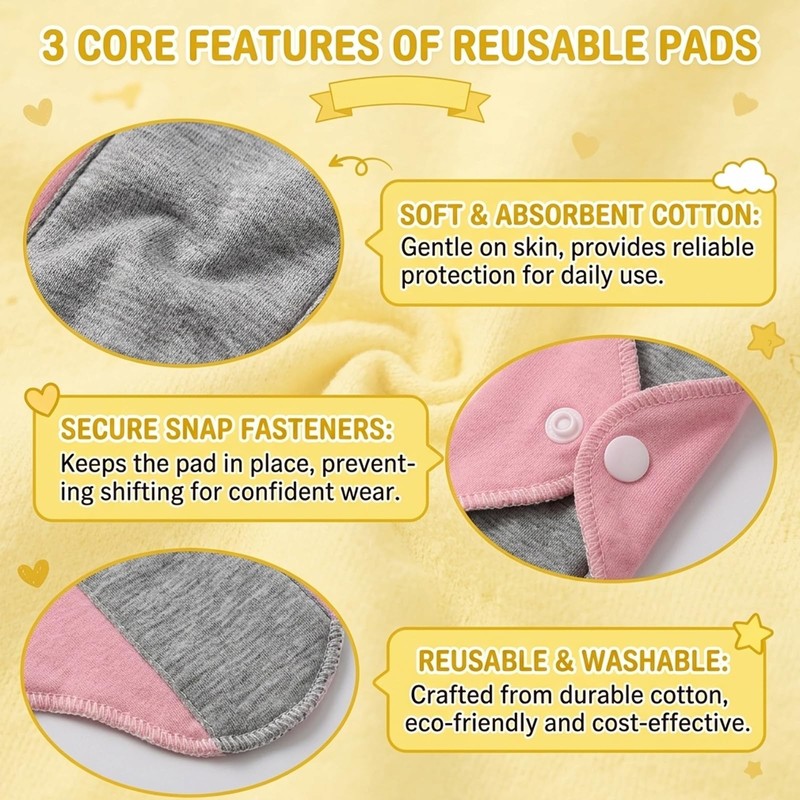 6pcs Reusable Pads, Washable Cotton Panty Liners for Women, Feminine