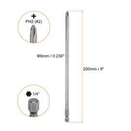 sourcing map 2pcs #2 Phillips Screwdriver Bit PH2 1/4" Hex Shank 8" (200mm) Long Magnetic S2 Steel Industrial Grade Screw Driver Bit Cross Head Electric Drill Bits 0.236" (6mm) Rod