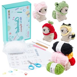 FREEBLOSS 4 Set Crochet Capybara with Video Tutorials Learn to Crochet Capybara Kit DIY Crochet Animals Crochet Starter Kit for Adults Strawberry, Bee, Piglet, Frog Crochet Kit for Beginners