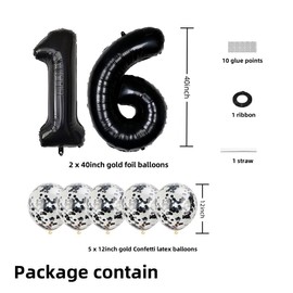 Black 16 Foil Balloons 40" Jumbo Foil Balloons Confetti Balloons for 16th Birthday Wedding Anniversary Party Decorations