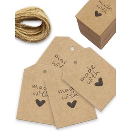 HOMETOOLS.EU® 100 Kraft Paper Gift Tags, Paper Signs Made with Love with Jute String, 5.5 x 4 cm