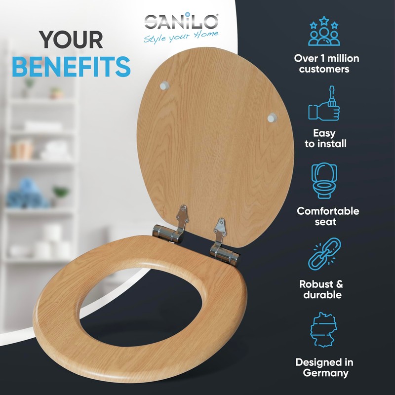 SANILO Wooden Toilet Seat with Soft Close [ROUND] - Decorative,