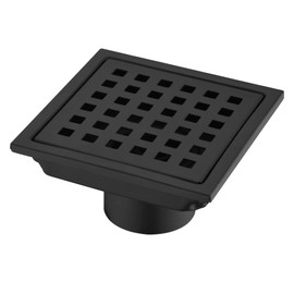 Orhemus 4 Inch Square Shower Drain with Adjustable Shower Drain Base Flange, SUS 304 Stainless Steel Floor Drain with Removable Cover Grid Grate, Matte Black