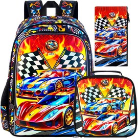 HPJGD 3PCS Car Backpack for Boys, Water Resistant Kids Bookbag Set with Lunch Box，Cute School Bag for Preschool Toddler