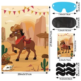 Hxezoc Pin The Tail On The Horse Game With 30 Pcs Tails Large Western Cowboy Horse Games Poster for Kids Cowboy Party Favor Western Birthday Party Carnival Party Supplies