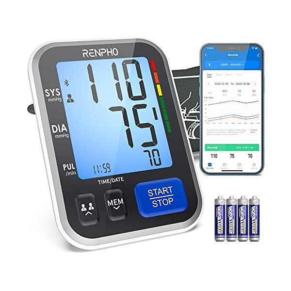 RENPHO Smart Blood Pressure Monitor - Wireless Upper Arm Blood Pressure Machine, Home Use, Large Cuff, Digital BP Cuffs with Large Display, Two Users, iOS Android App Connectivity Unlimited Memories