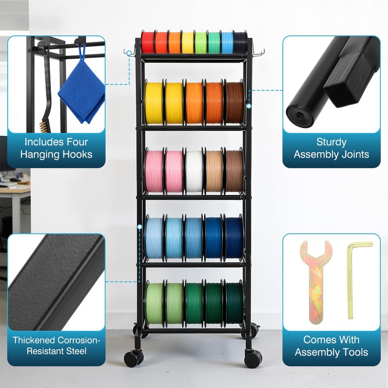 IRONWALLS 3D Printer Filament Rack with Wheel, 5 Tier, 51"