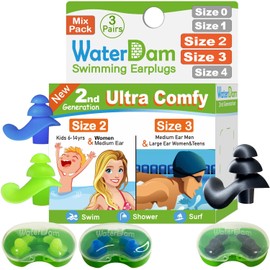 WaterDam Swimming Ear Plugs Waterproof Ultra Comfortable Prevent Swimming Earplugs Size 2+2+3(Green, Blue, Black))