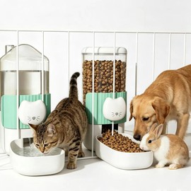 Hanging Automatic Cat Feeder and Water Dispenser Set, Gravity Pet Food & Water Bowl for Wire Cage, No-Spill Pet Feeding Station for Small Dogs Rabbits (Green)