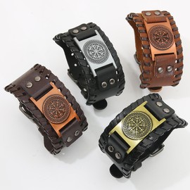 GelConnie - Pulsera vikinga de piel punk con amuleto nórdico escandinavo talismán celta pagana, Cuero, Sin gemas., Brújula de oro rosa, MLPB079-Rose gold