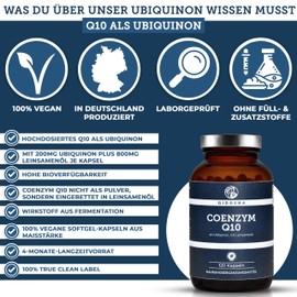 QIDOSHA® Coenzym Q10 Kapseln hochdosiert, 200mg Coenzym Q10 flüssig je Kapsel, 120 vegane Softgel-Kapseln im Apothekerglas, eingebettet in Leinsamenöl für optimale Bioverfügbarkeit, Q10 als Ubichinon