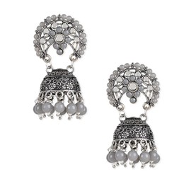 I Jewels Womens 18K Silver Oxidised Indain Wedding Bollywood Kundan & Stone Studded Jhumka Earrings (E3061Zgr) Grey