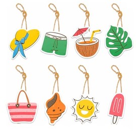 Summer Party Decorations Hanging Ornaments for Tree, 8pcs Beach Party Decorations Paper Card Pendants with Hanging Cords, Hawaiian Tropical Summer Beach Pool Party Backdrops Decorations Supplies