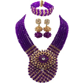 aczuv Women's Fashion Beaded Crystal Nigerian Bridal Wedding Party Necklace African Beads Jewelry Set (Purple and Champagne Gold)