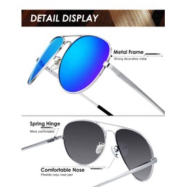 ANYLUV Pilot Sunglasses Mens, Polarised Sunglasses Men Women Classic Black Shades Metal Frame with UV Protection (Silver/Dark Blue)