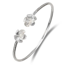 Flower Hibiscus Solid .925 Sterling Silver Bangle Cuff Bracelet Large For Women Jewelry Stretch Bracelets Friendship Gift Birthday Gifts West Indian Bangle, 1 piece (Silver, 7)