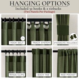 102 Inch Length Curtain 2 Panels Dark Olive Green Linen Curtains for Bedroom, Hook Belt Pleated Modern Ceiling Track Light Filtering Privacy Sheer Drapes with Tiebacks for Large Window Loden W52xL102