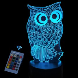 RANJIMA 3D Owl Night Light, 3D Lamp with 16 Colour Changing Dimmable, llusion LED Night Lamp, Optical Illusion LED Night Lamp, USB Table Lamp, Owl Gifts, Owls Decoration, Christmas Gifts for Girls