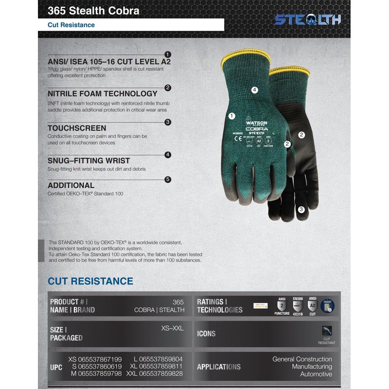 Watson Gloves, #365 - Stealth Cobra Gloves, Cut Resistant, ANSI