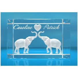 ELUNO 3D Glass Cuboid | Elephants in Love with Heart in 3D and Two Names of Choice | Gift for Your Partner | Valentine's Day Anniversary Wedding
