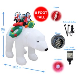 8 Foot Christmas Inflatable 3 Penguins on Polar Bear Outdoor Yard Decoration