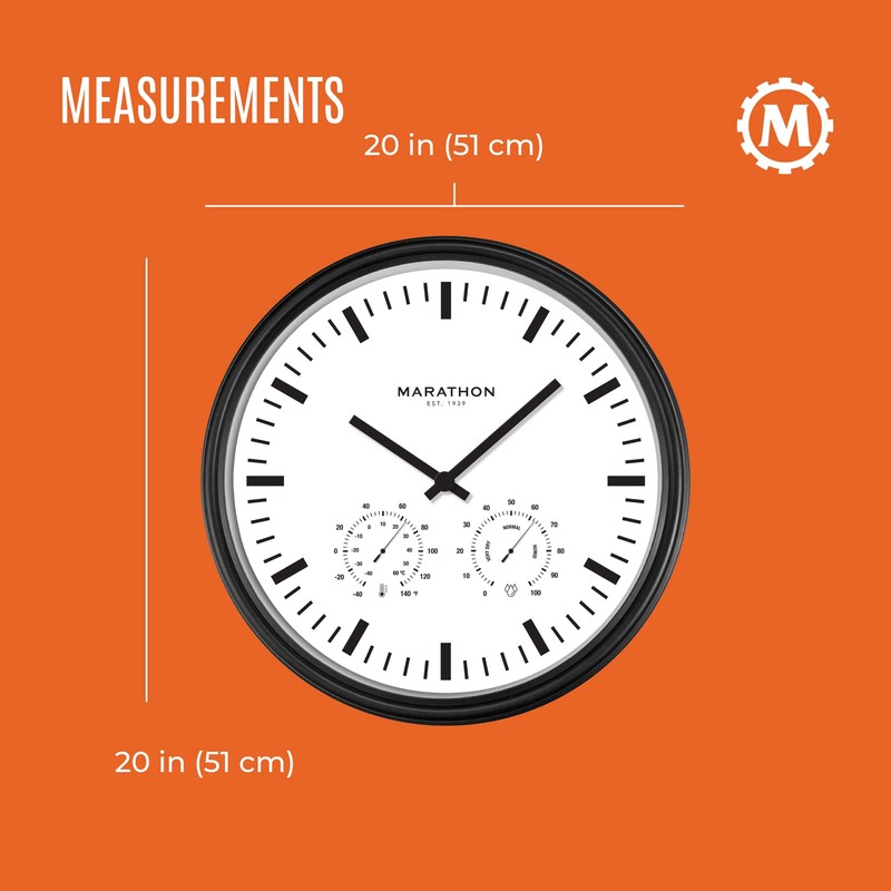 MARATHON Jumbo 20” Indoor/Outdoor Analog Clock with Temperature & Humidity,