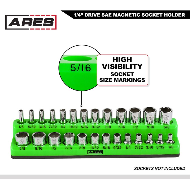 ARES 60005-26-Piece 1/4 in SAE Magnetic Socket Organizer -GREEN -Holds