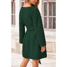 PRETTYGARDEN Women's Long Sleeve Dresses 2024 Fall Casual Short Belted Dress Trendy Quilted Outfits with Pockets (Dark Green,Medium)