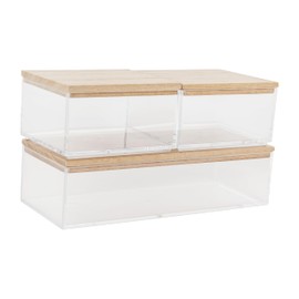 Martha Stewart Brody Plastic Storage Organizer Bins with Paulownia Wood Lids for Home Office,-Kitchen, or-Bathroom, 3 Pack, 2-Small/1-Medium, Clear/Light Natural